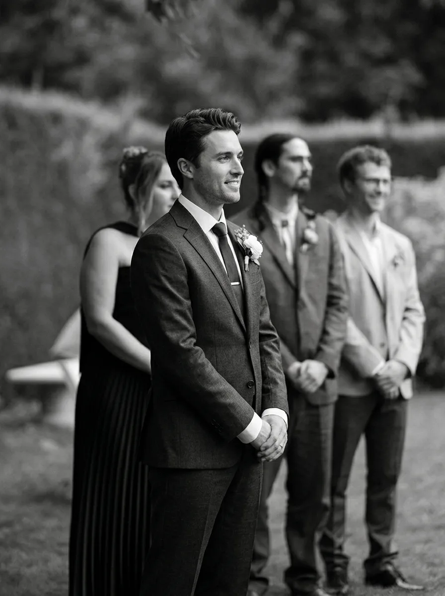 Groom waiting at altar, B&W