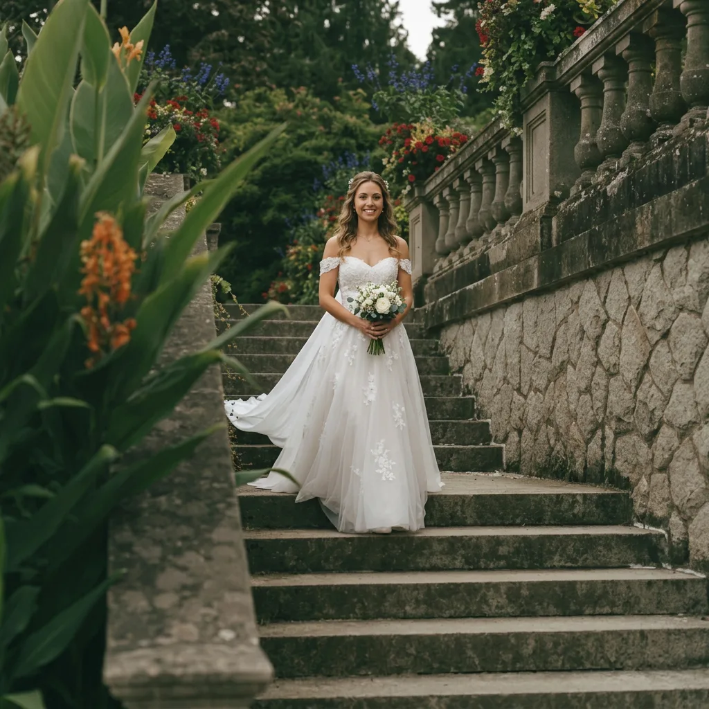 Bride descending stone stairs
