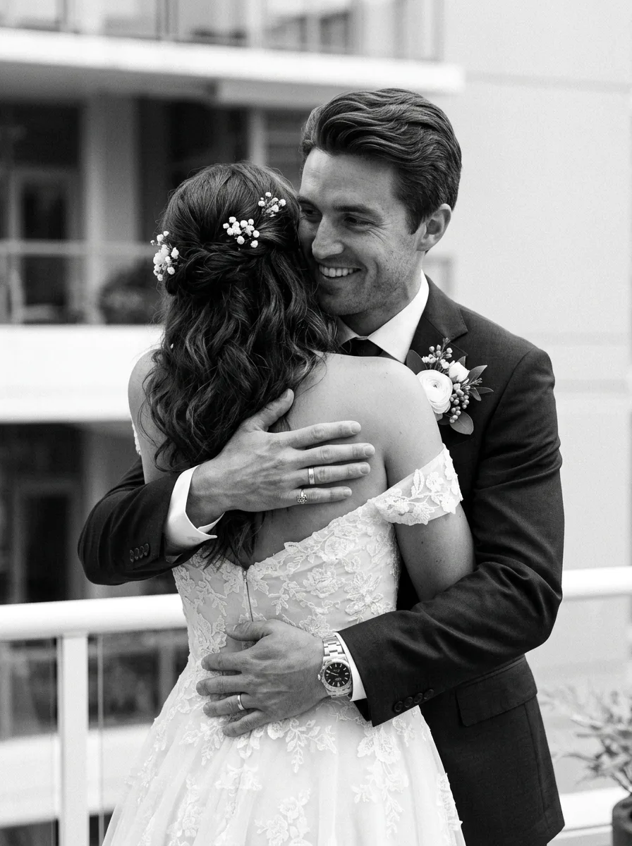 Couple embracing, B&W