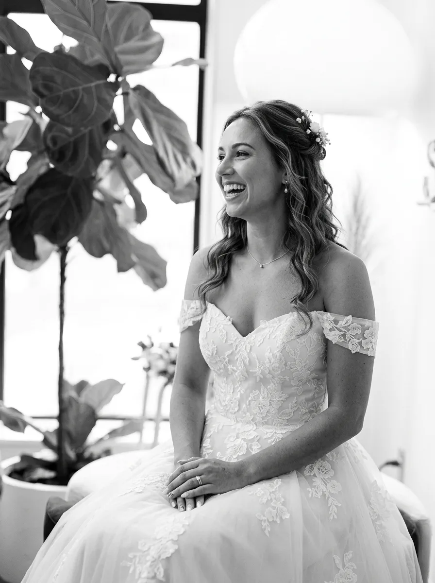 Bride laughing, B&W